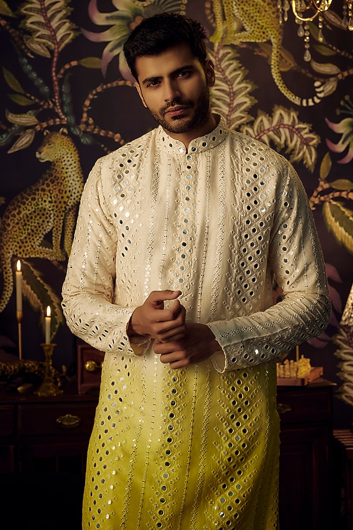 Cream & Yellow Ombre Silk Mirror Work Kurta by Kasbah Clothing at Pernia's Pop Up Shop