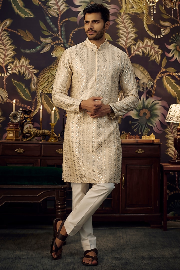 Beige SIlk Mirror Work Kurta by Kasbah Clothing