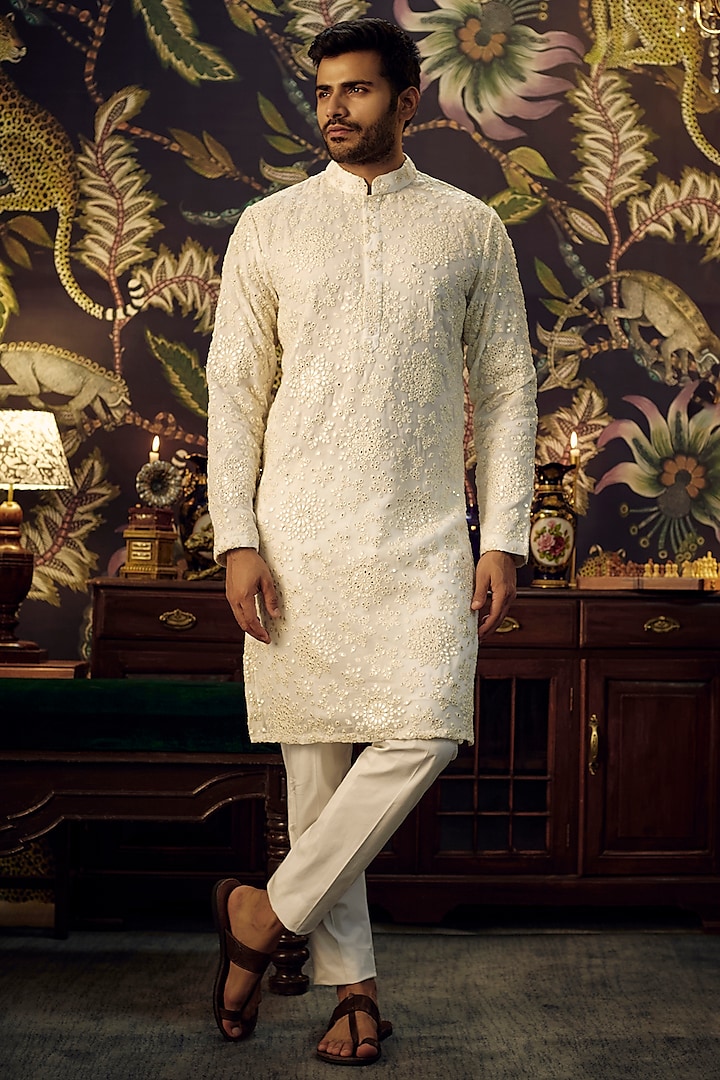 White Georgette Mirror Work Kurta by Kasbah Clothing at Pernia's Pop Up Shop