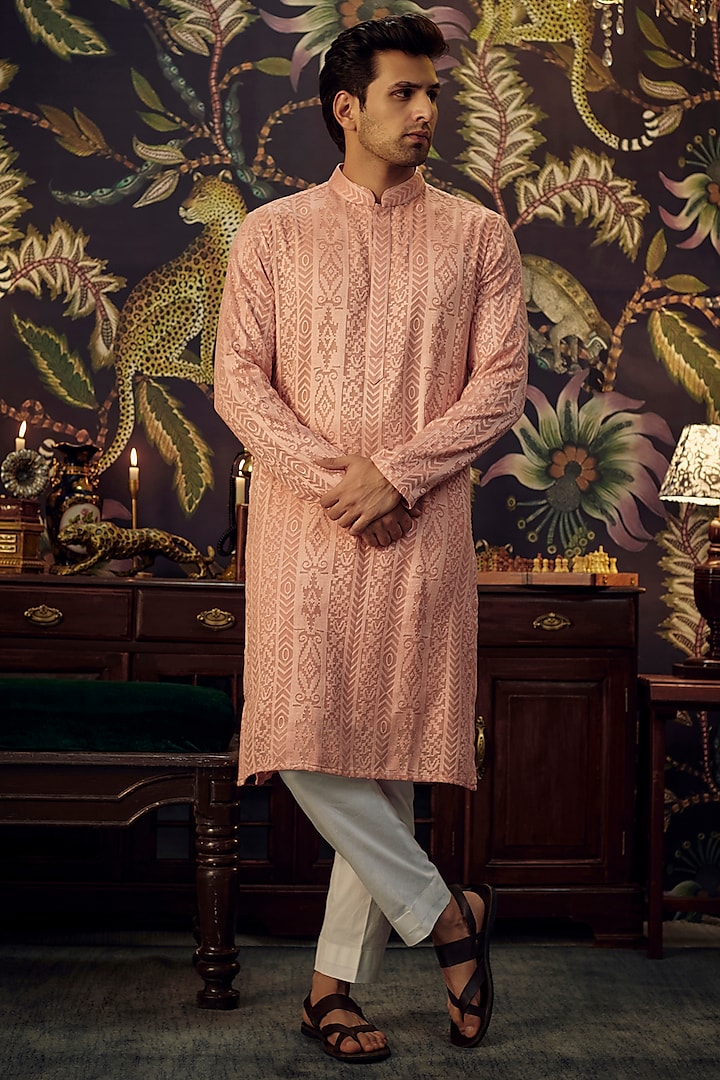 Peach Georgette Thread Work Chikankari Kurta by Kasbah Clothing