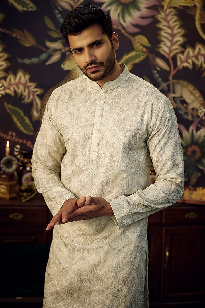 Ivory Georgette Kashmiri Embroidered Kurta by Kasbah Clothing at Pernia's Pop Up Shop