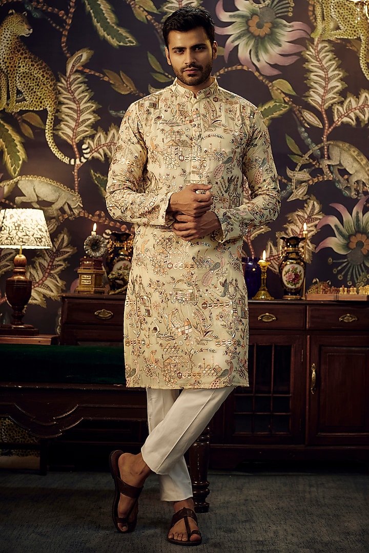 Cream Georgette Floral Embroidered Kurta by Kasbah Clothing