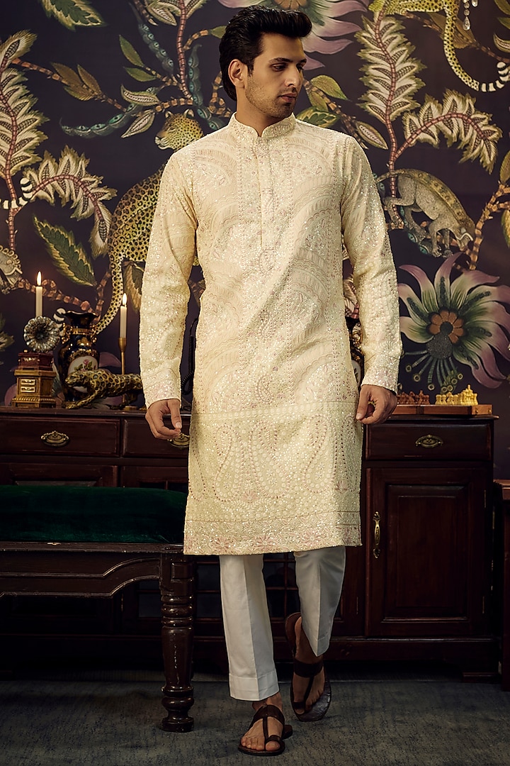 Cream & Pink Georgette Paisley Embroidered Kurta by Kasbah Clothing