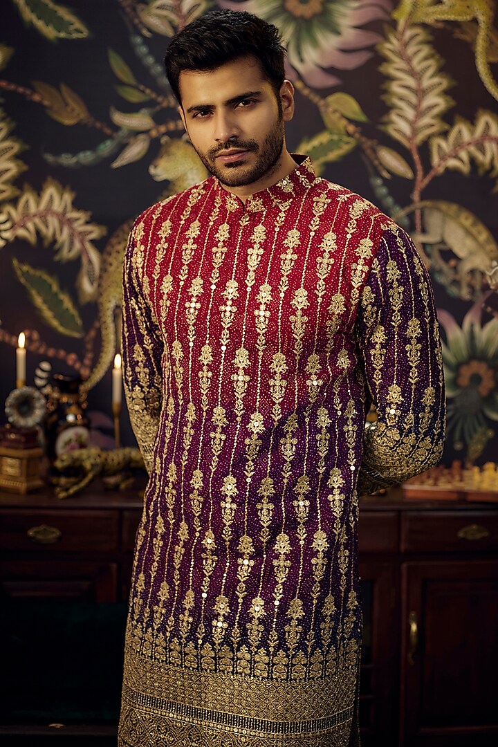 Maroon & Purple Ombre Georgette Gota Embroidered Kurta by Kasbah Clothing at Pernia's Pop Up Shop