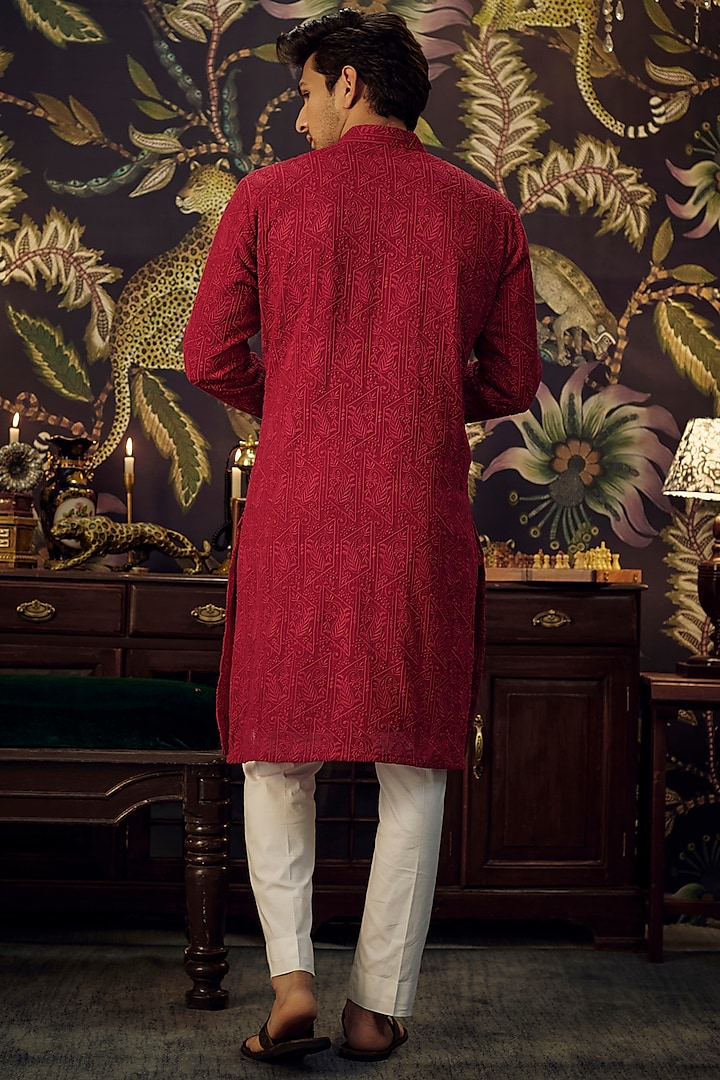 Red Georgette Paisley Embroidered Chikankari Kurta by Kasbah Clothing at Pernia's Pop Up Shop