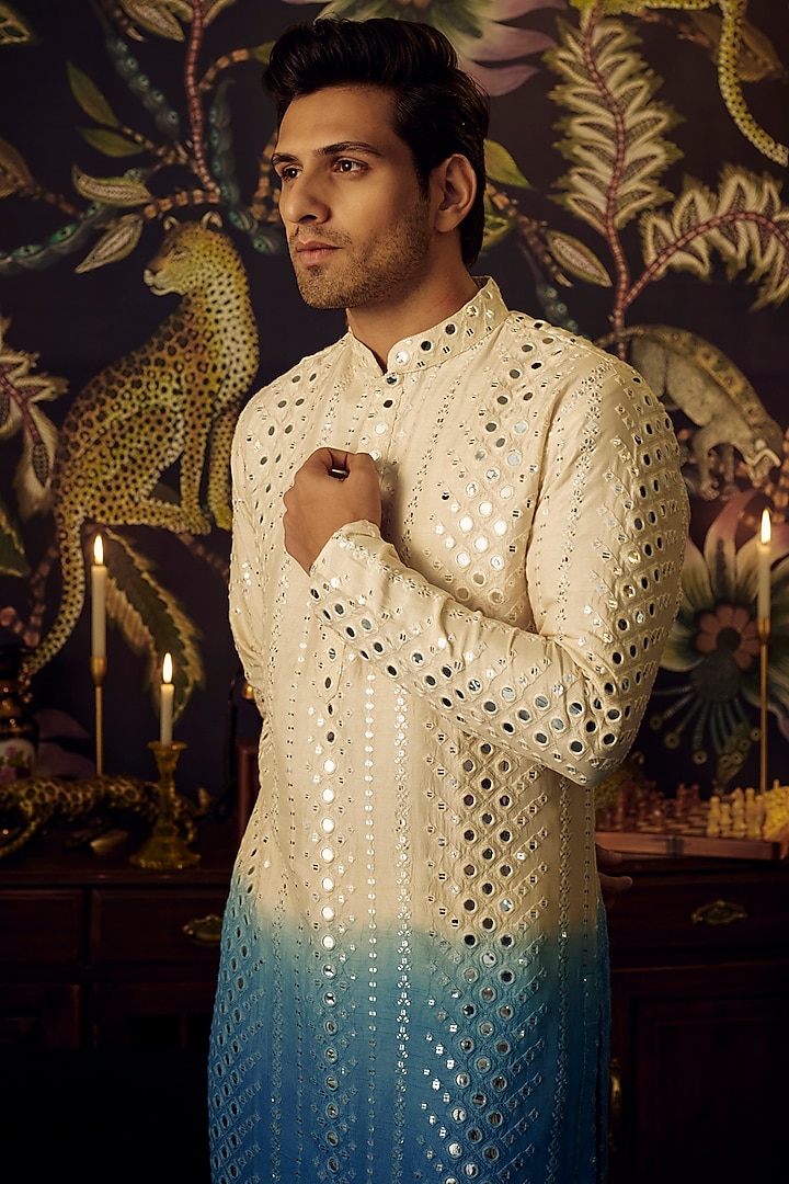 Cream & Blue Ombre Silk Mirror Work Kurta by Kasbah Clothing at Pernia's Pop Up Shop