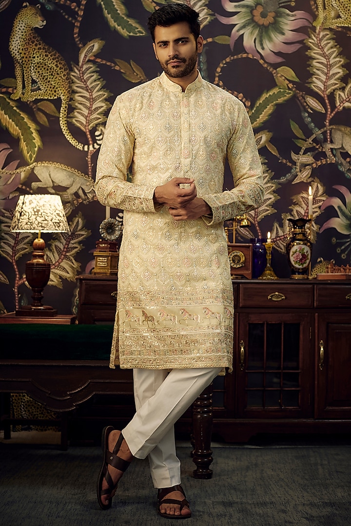 Beige Georgette Embroidered Kurta by Kasbah Clothing