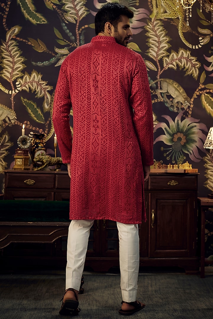 Red Georgette Thread Work Kurta by Kasbah Clothing at Pernia's Pop Up Shop