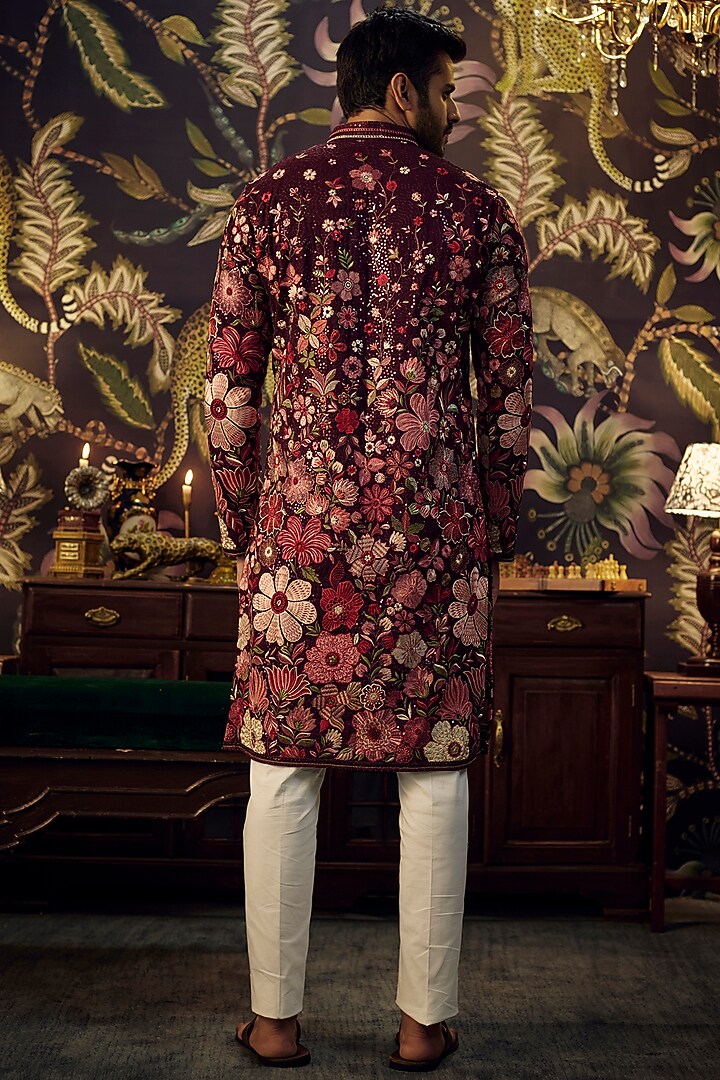 Maroon Georgette Floral Embroidered Kurta by Kasbah Clothing at Pernia's Pop Up Shop