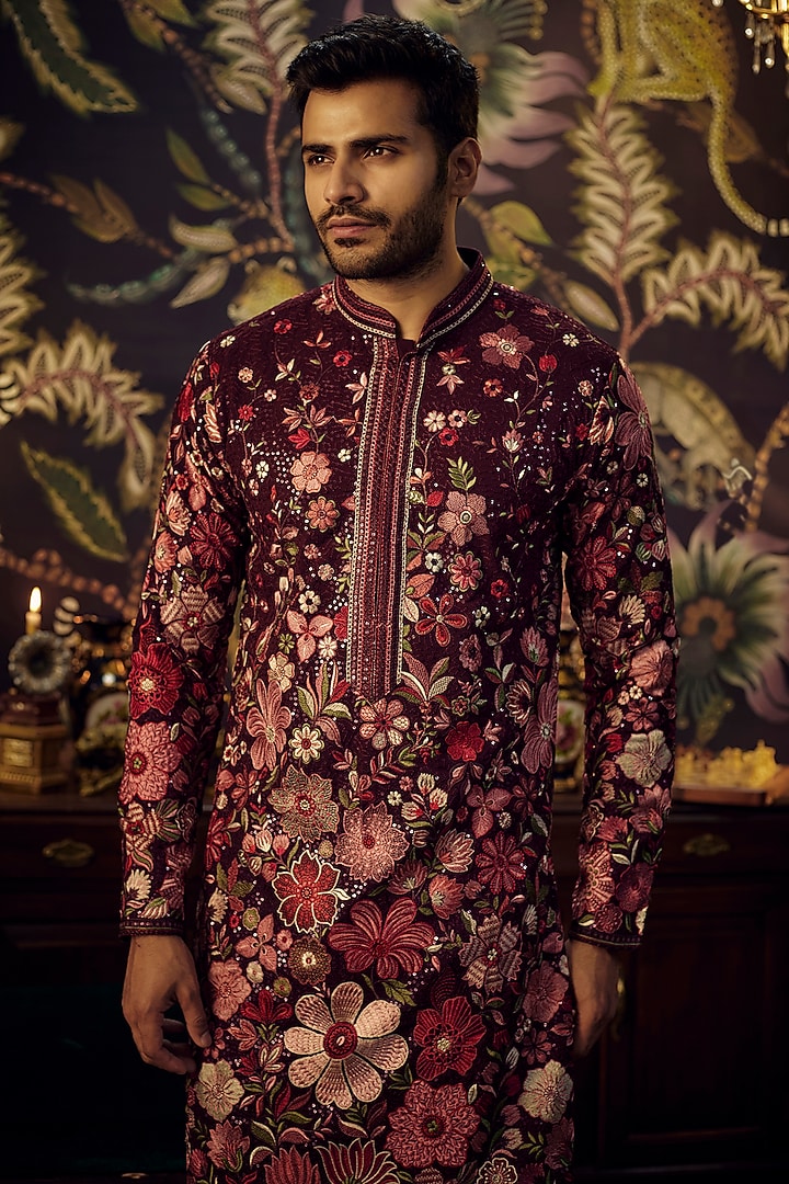 Maroon Georgette Floral Embroidered Kurta by Kasbah Clothing at Pernia's Pop Up Shop