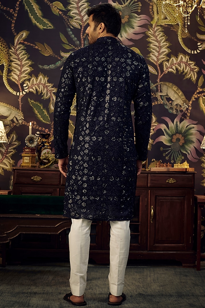 Midnight Blue Georgette Sequins Embroidered Kurta by Kasbah Clothing at Pernia's Pop Up Shop