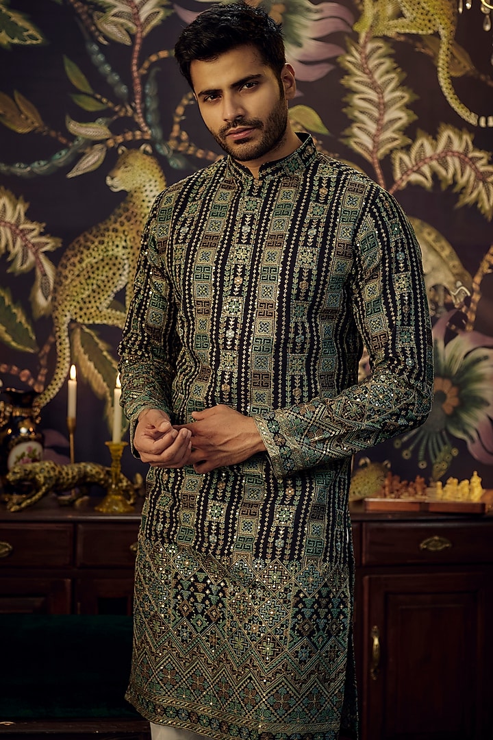 Black Georgette Kashmiri Embroidered Kurta by Kasbah Clothing at Pernia's Pop Up Shop