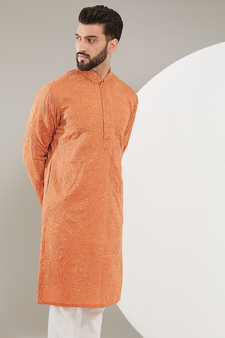 Rust Orange Silk Floral Embroidered Kurta Set by Kasbah Clothing at Pernia's Pop Up Shop