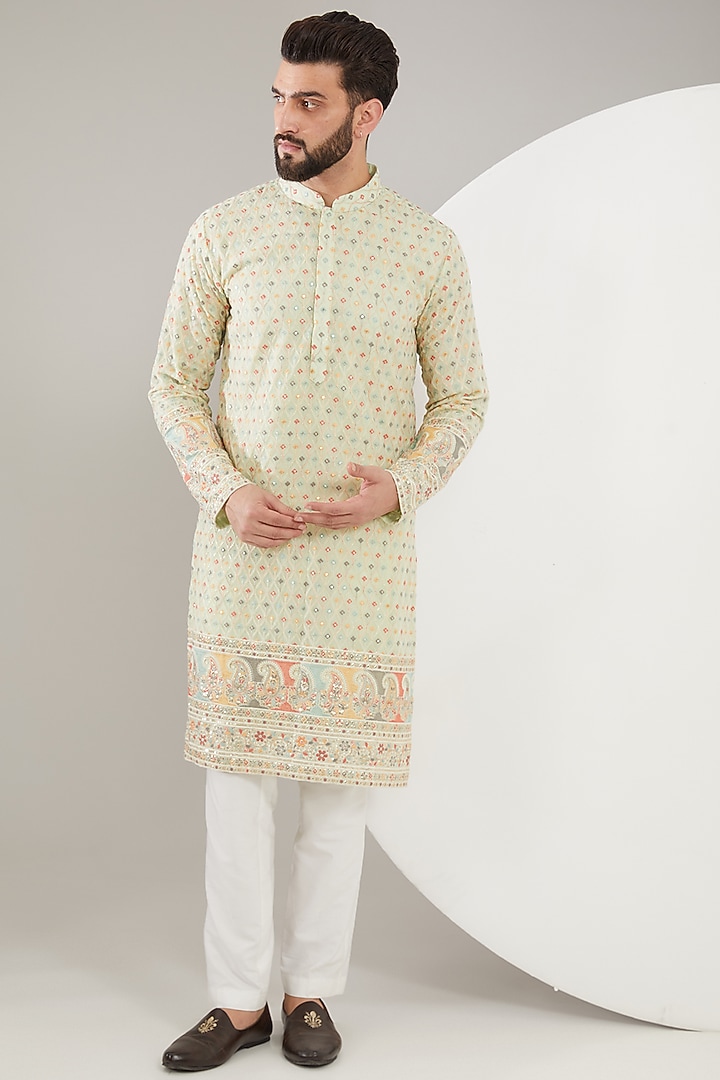 Sea Green Georgette Thread Embroidered Kurta Set by Kasbah Clothing at Pernia's Pop Up Shop