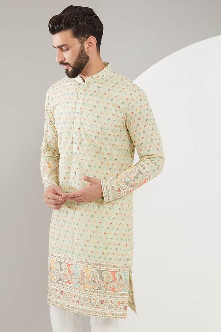 Sea Green Georgette Thread Embroidered Kurta Set by Kasbah Clothing at Pernia's Pop Up Shop