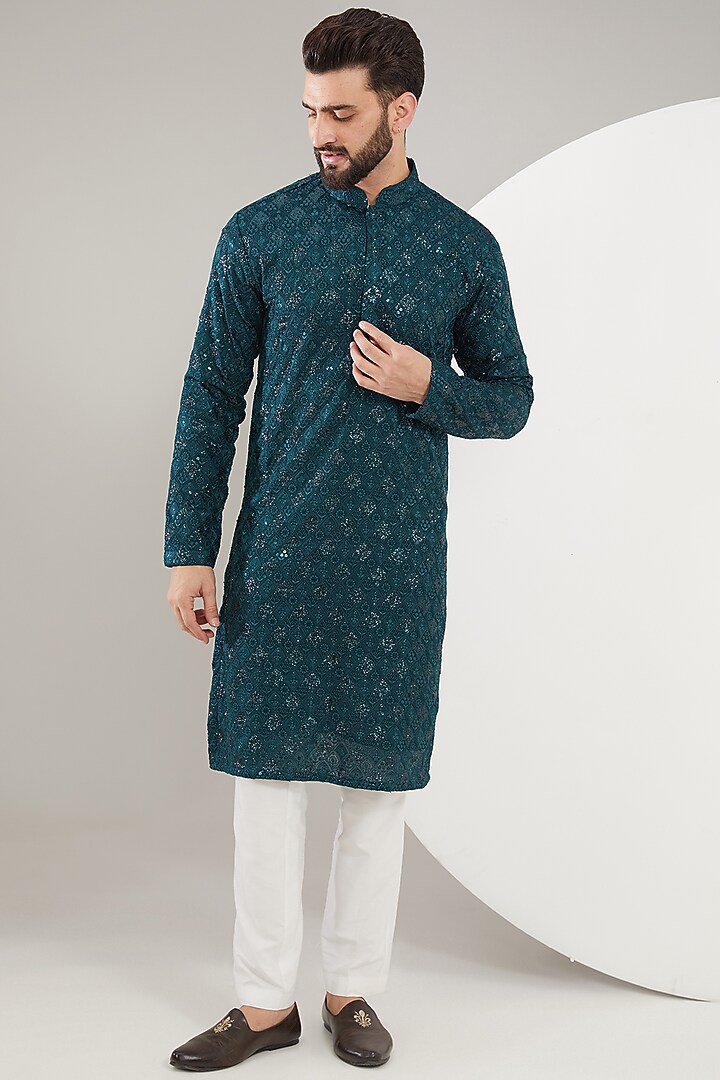 Teal Georgette Thread Embroidered Chikankari Kurta Set by Kasbah Clothing at Pernia's Pop Up Shop