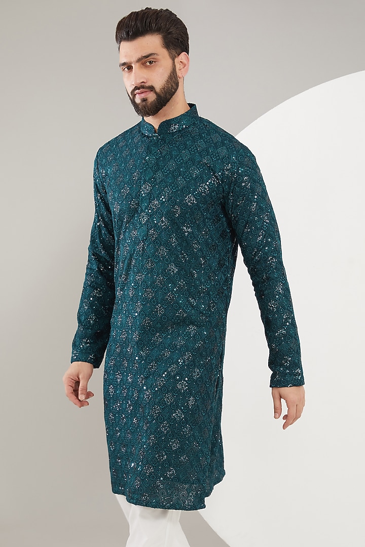 Teal Georgette Thread Embroidered Chikankari Kurta Set by Kasbah Clothing at Pernia's Pop Up Shop