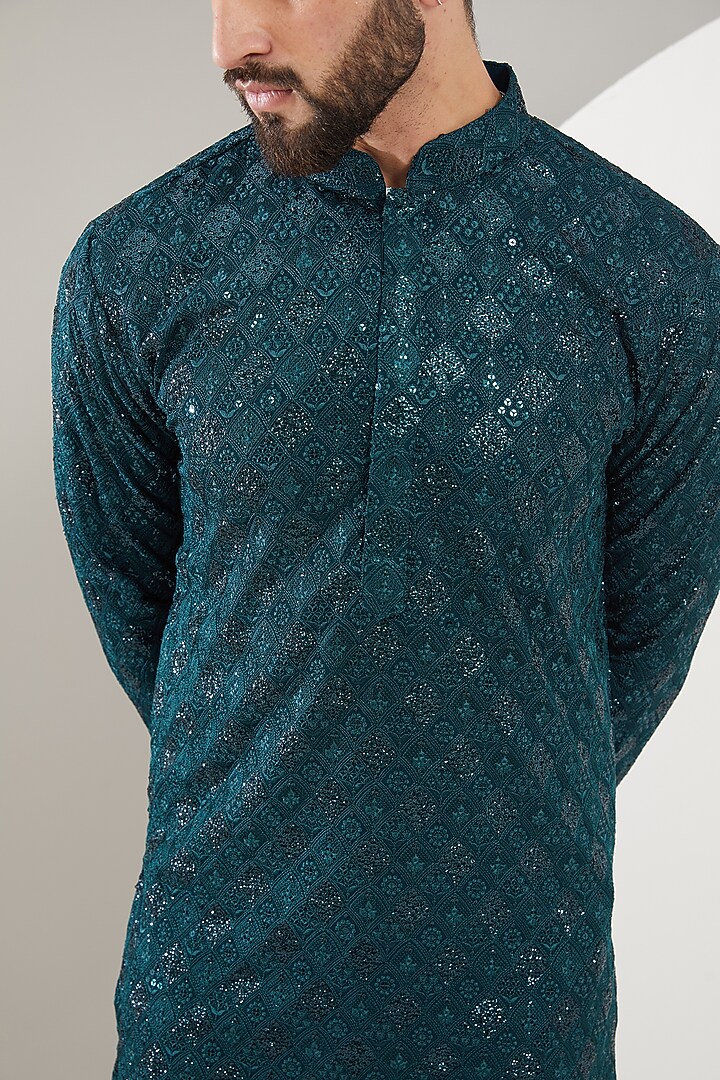 Teal Georgette Thread Embroidered Chikankari Kurta Set by Kasbah Clothing at Pernia's Pop Up Shop
