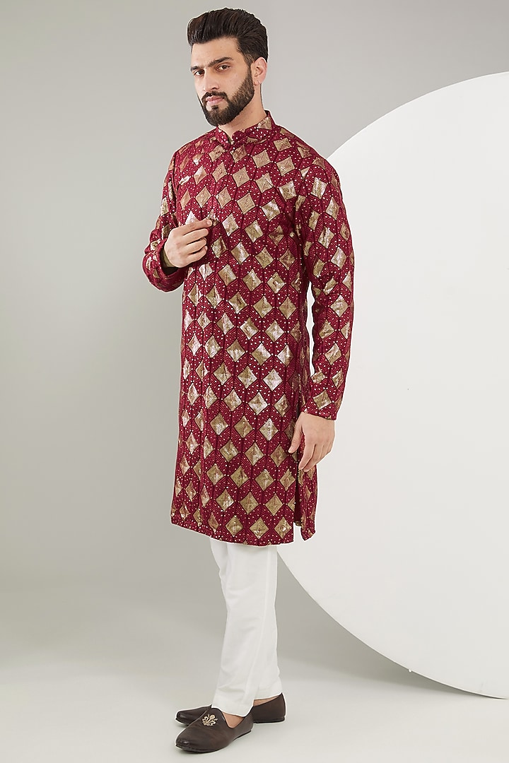 Maroon Silk Thread Embroidered Chikankari Kurta Set by Kasbah Clothing