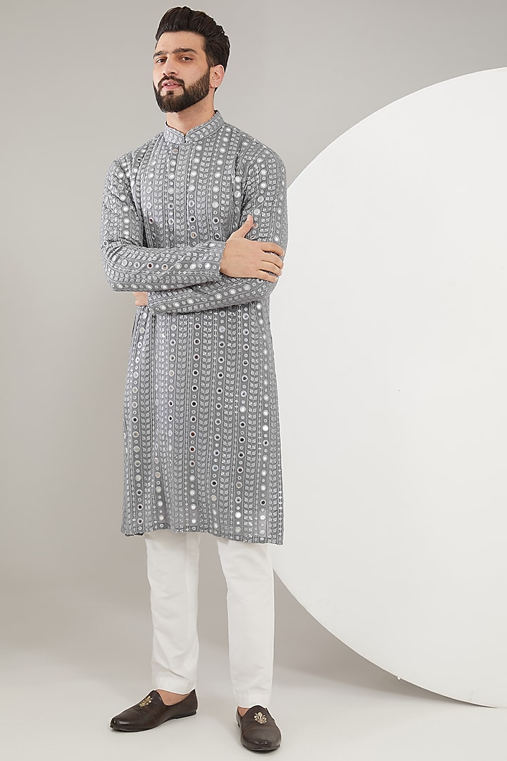 Grey Georgette Mirror Work Kurta Set by Kasbah Clothing