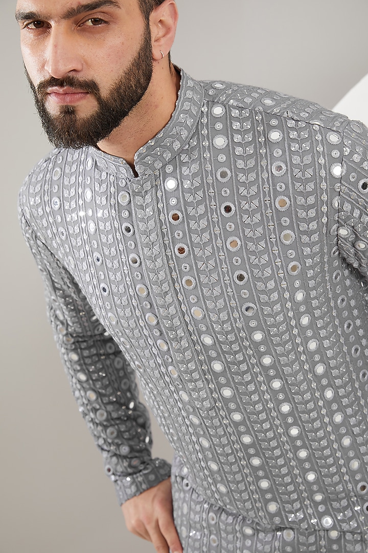 Grey Georgette Mirror Work Kurta Set by Kasbah Clothing at Pernia's Pop Up Shop