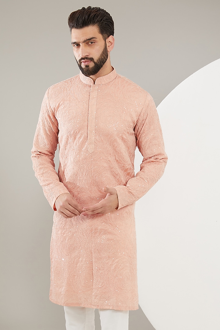 Peach Silk Floral Embroidered Chikankari Kurta Set by Kasbah Clothing at Pernia's Pop Up Shop