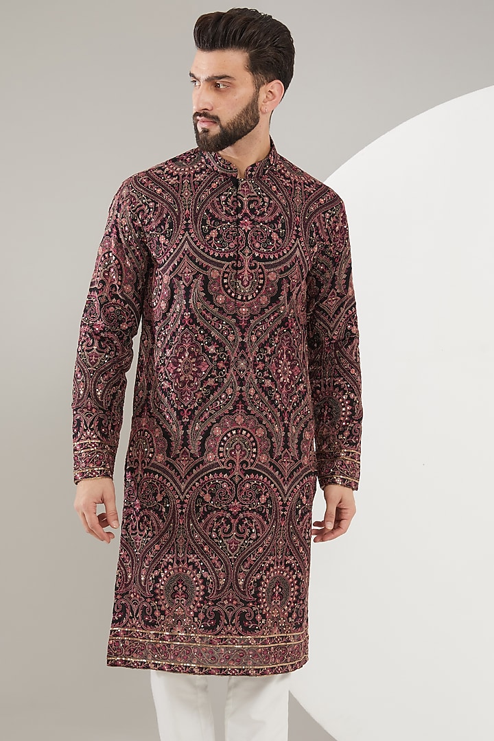 Black Georgette Kashmiri Embroidered Kurta Set by Kasbah Clothing at Pernia's Pop Up Shop