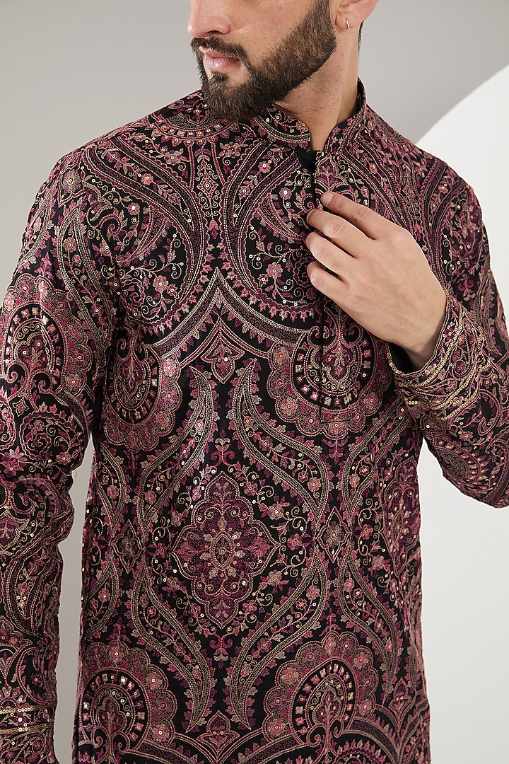 Black Georgette Kashmiri Embroidered Kurta Set by Kasbah Clothing at Pernia's Pop Up Shop