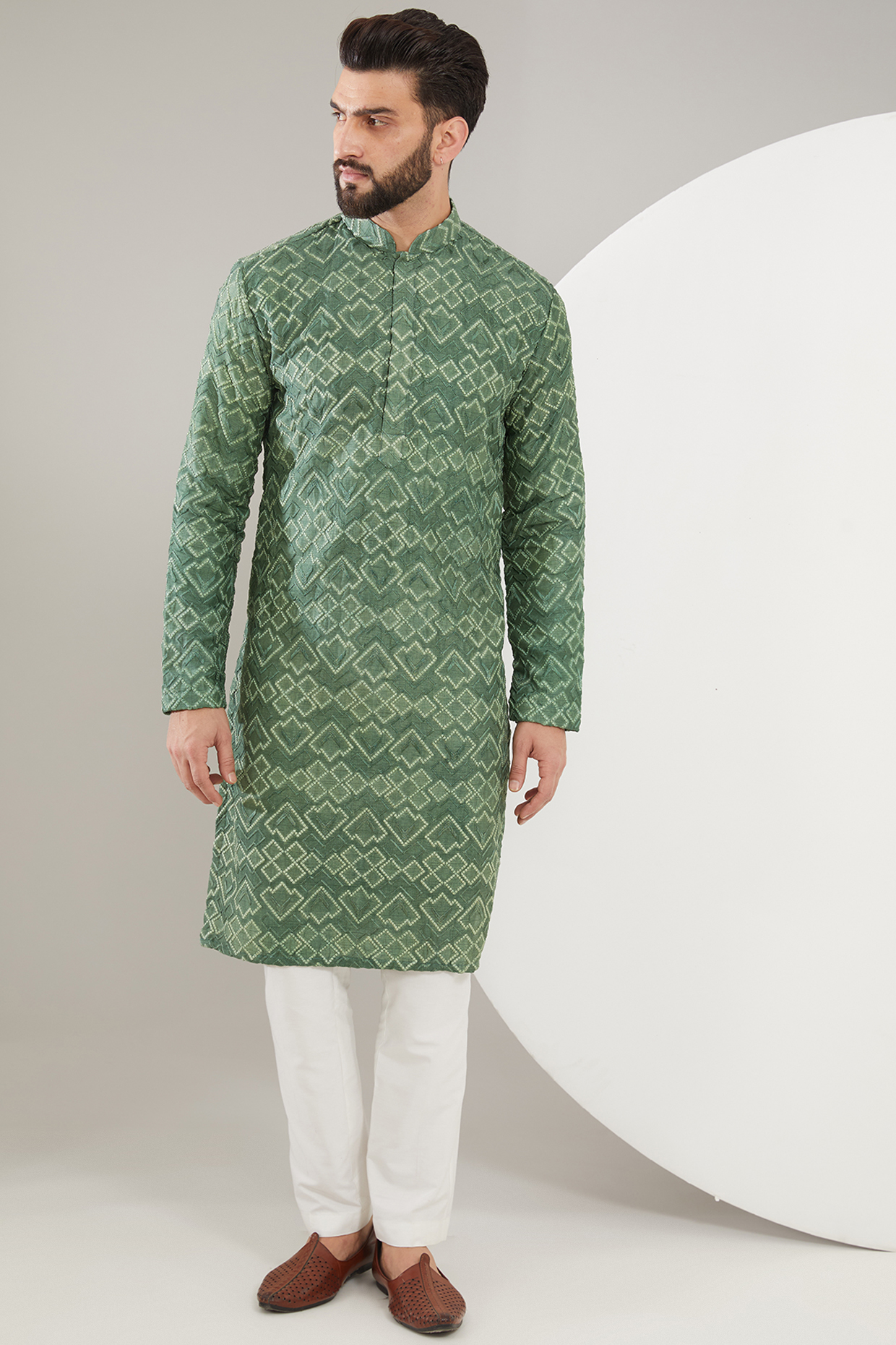 Eel Green Silk Geometric Embroidered Kurta Set by Kasbah Clothing at Pernia's Pop Up Shop