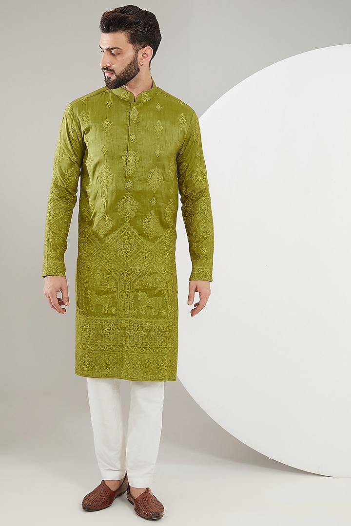 Mehendi Green Silk Embroidered Kurta Set by Kasbah Clothing at Pernia's Pop Up Shop