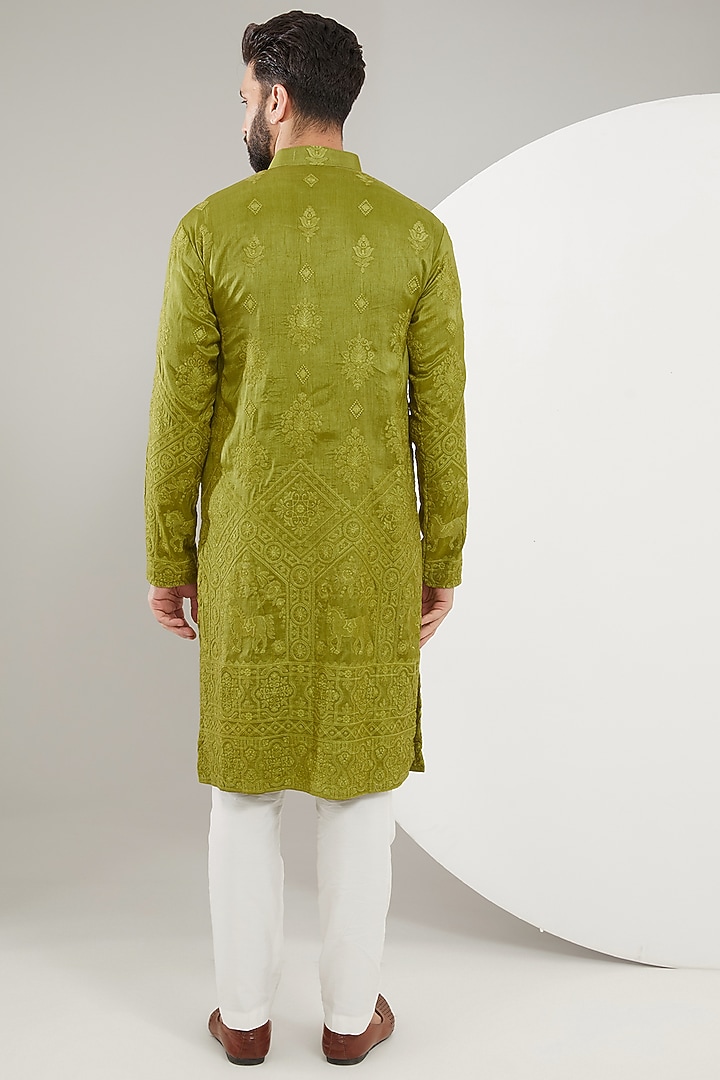 Mehendi Green Silk Embroidered Kurta Set by Kasbah Clothing at Pernia's Pop Up Shop