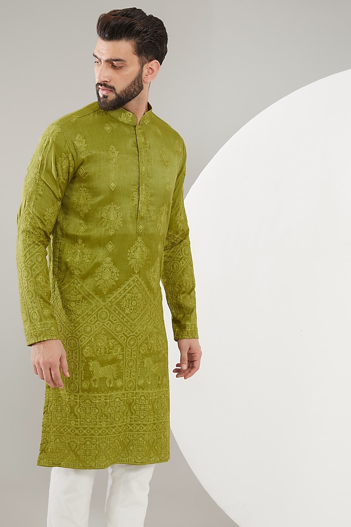 Mehendi Green Silk Embroidered Kurta Set by Kasbah Clothing at Pernia's Pop Up Shop