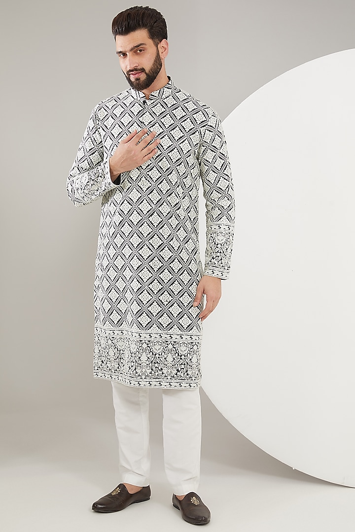 Black & White Silk Embroidered Chikankari Kurta Set by Kasbah Clothing