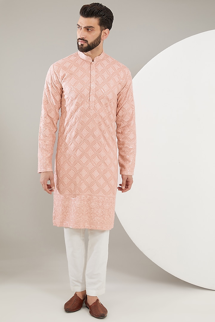 Peach Silk Thread Embroidered Chikankari Kurta Set by Kasbah Clothing
