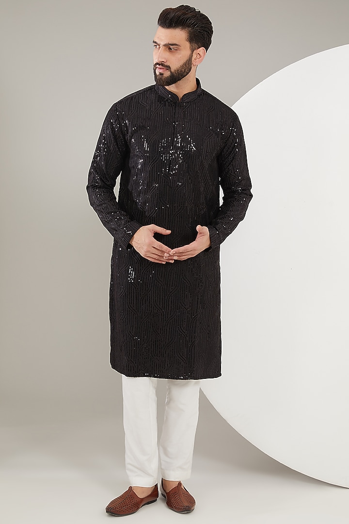 Black Silk Thread Embroidered Kurta Set by Kasbah Clothing