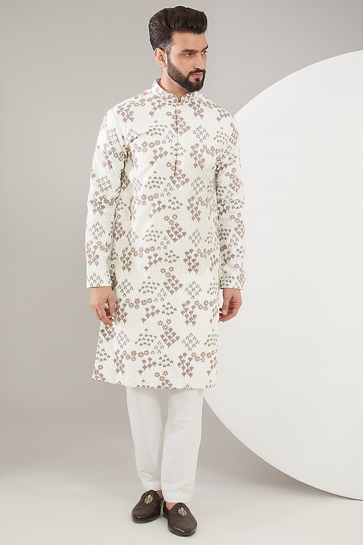 Lilac & White Silk Floral Embroidered Kurta Set by Kasbah Clothing