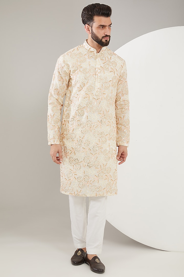 White & Gold Georgette Floral Embroidered Kurta Set by Kasbah Clothing