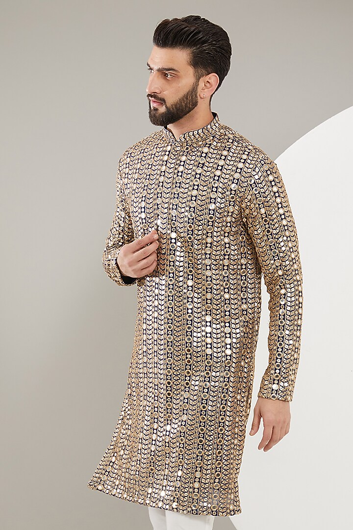 Navy Blue Georgette Mirror Work Kurta Set by Kasbah Clothing at Pernia's Pop Up Shop