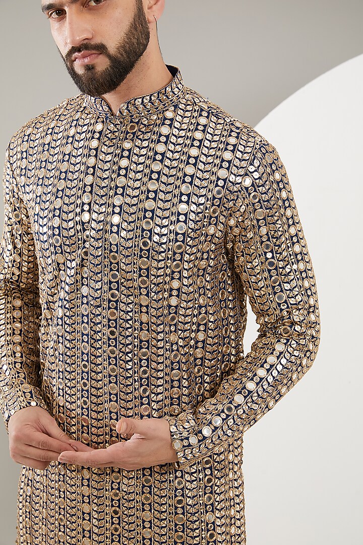 Navy Blue Georgette Mirror Work Kurta Set by Kasbah Clothing at Pernia's Pop Up Shop