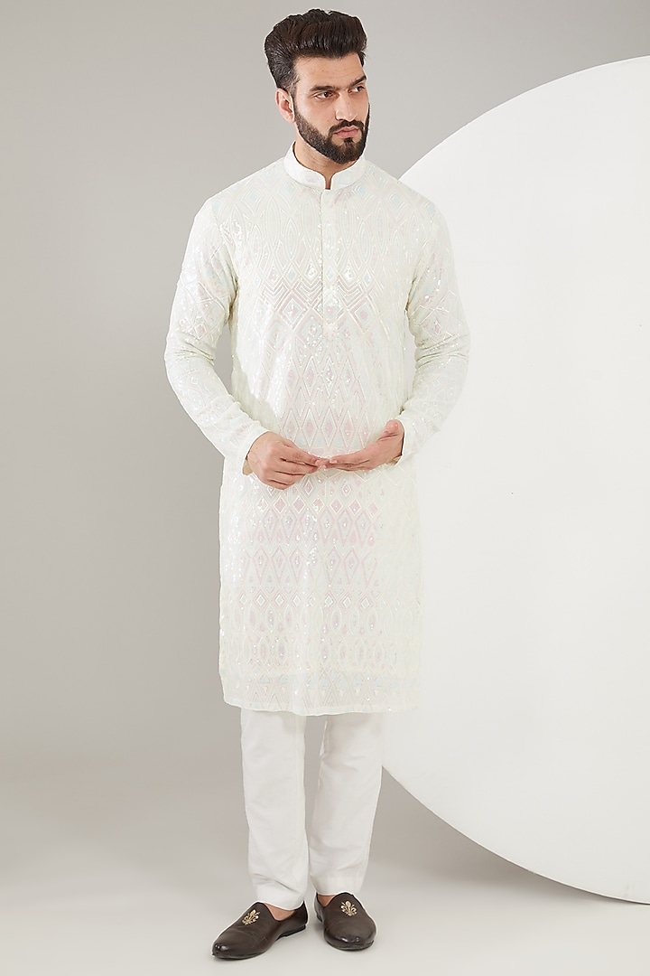 White Georgette Sequins Embroidered Kurta Set by Kasbah Clothing
