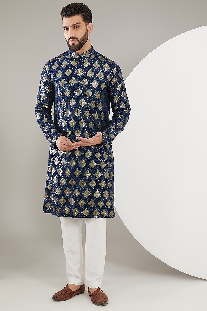 Navy Blue Silk Thread Work Kurta Set by Kasbah Clothing