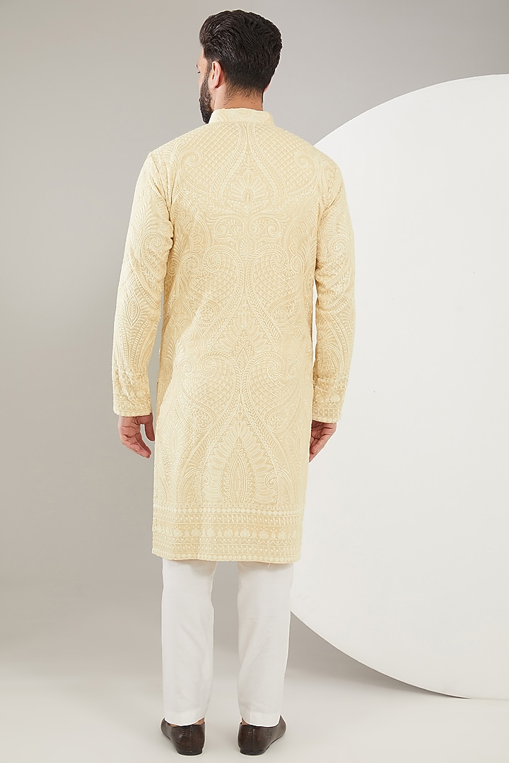 Beige Silk Kashmiri Embroidered Kurta Set by Kasbah Clothing at Pernia's Pop Up Shop