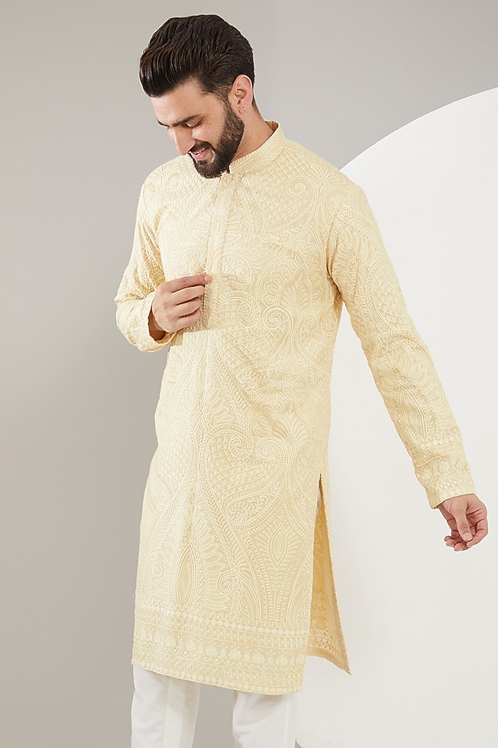 Beige Silk Kashmiri Embroidered Kurta Set by Kasbah Clothing at Pernia's Pop Up Shop