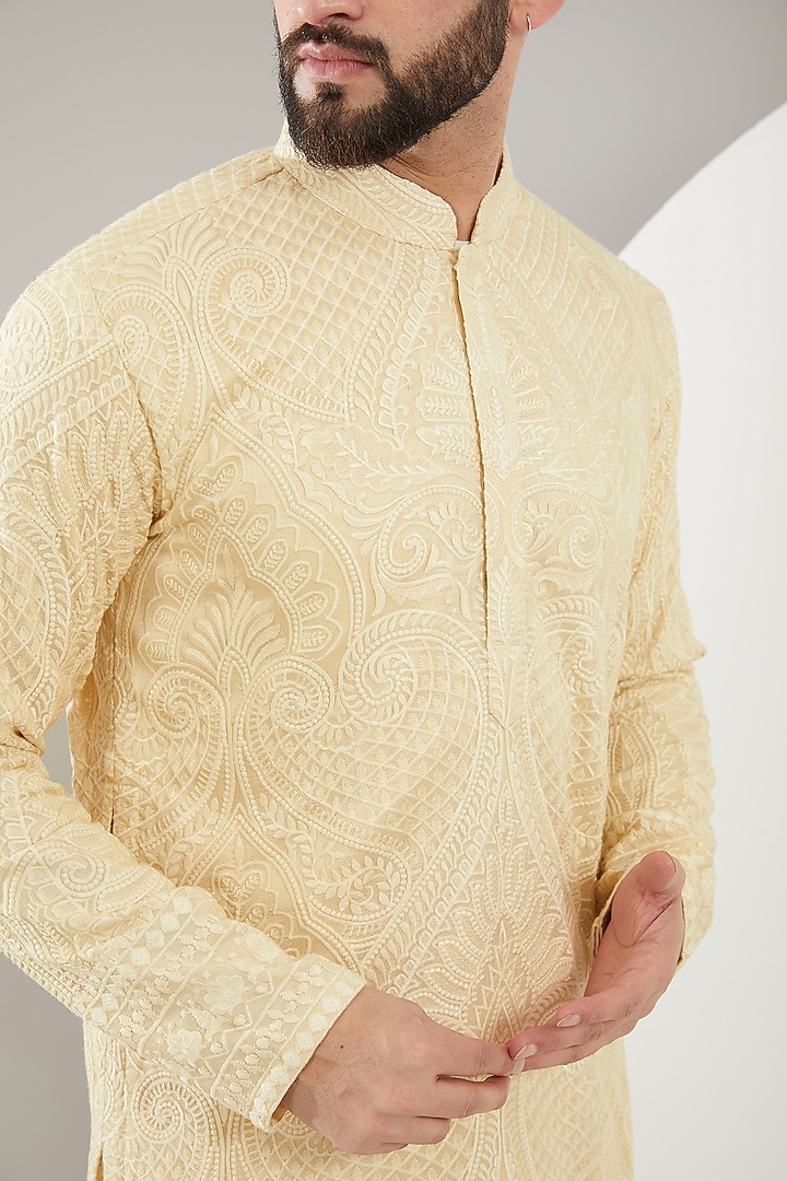 Beige Silk Kashmiri Embroidered Kurta Set by Kasbah Clothing at Pernia's Pop Up Shop