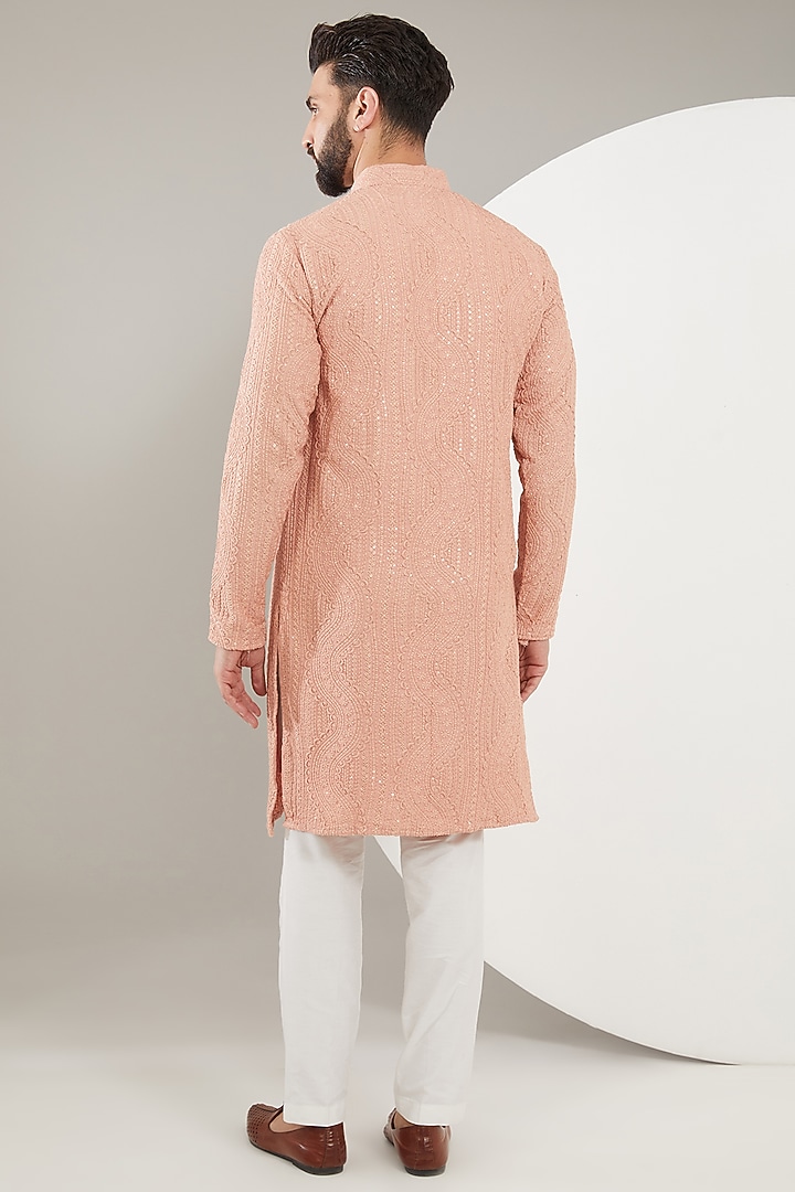 Peach Silk Thread Work Chikankari Kurta Set by Kasbah Clothing at Pernia's Pop Up Shop