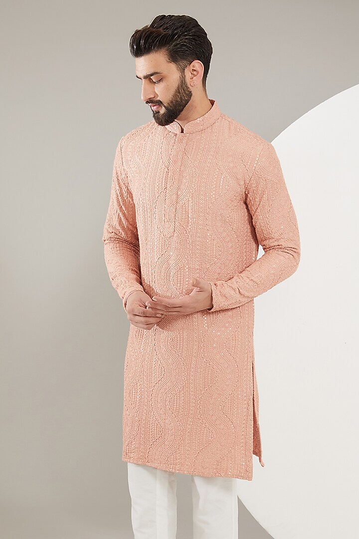 Peach Silk Thread Work Chikankari Kurta Set by Kasbah Clothing at Pernia's Pop Up Shop