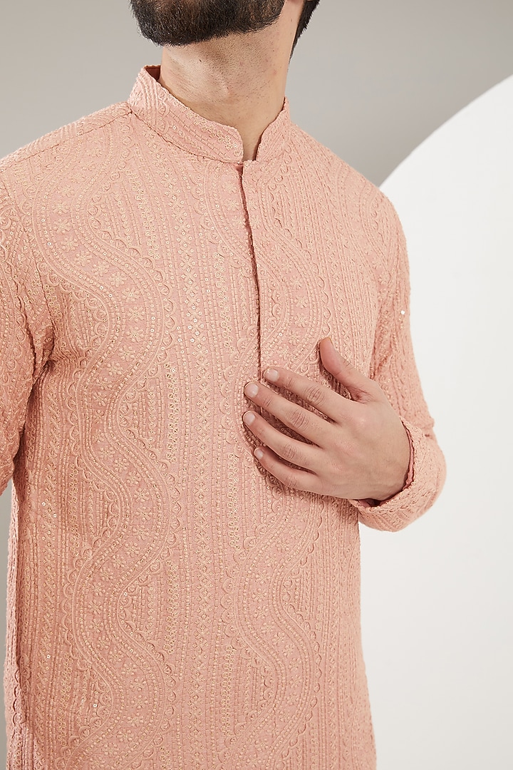 Peach Silk Thread Work Chikankari Kurta Set by Kasbah Clothing at Pernia's Pop Up Shop