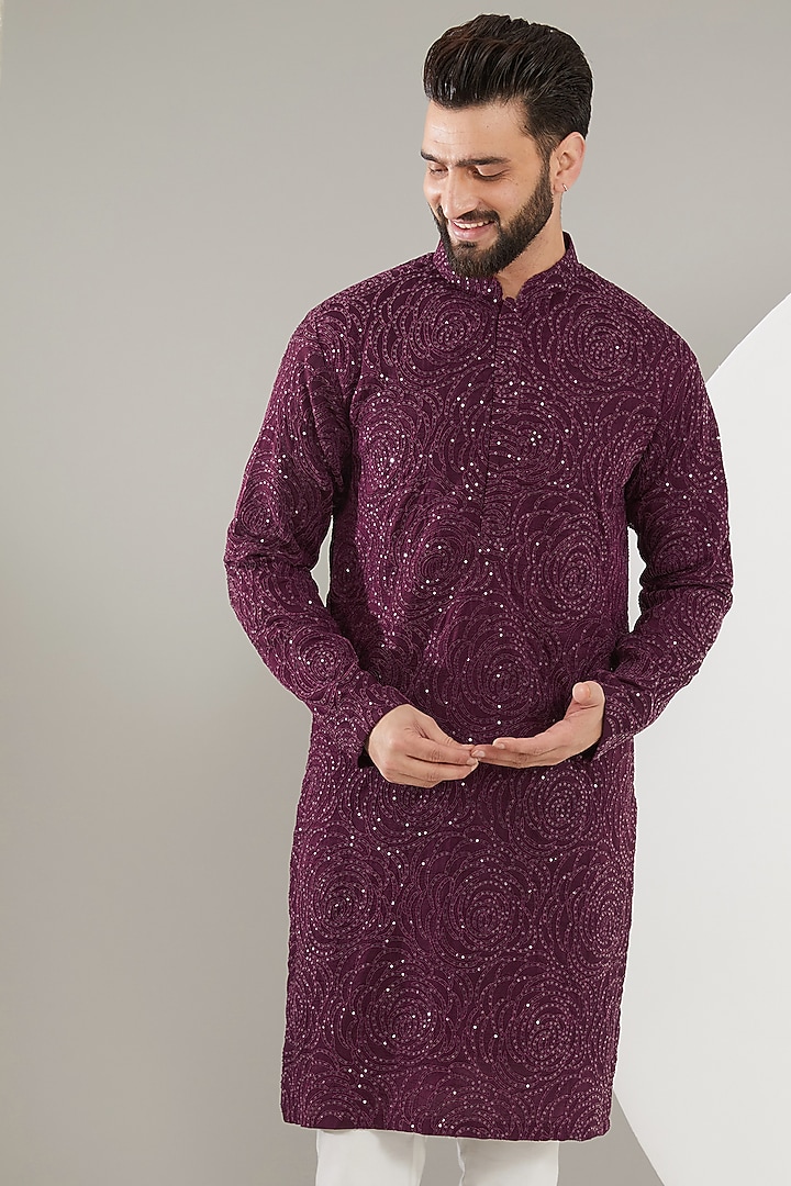 Mud Wine Silk Floral Embroidered Kurta Set by Kasbah Clothing at Pernia's Pop Up Shop