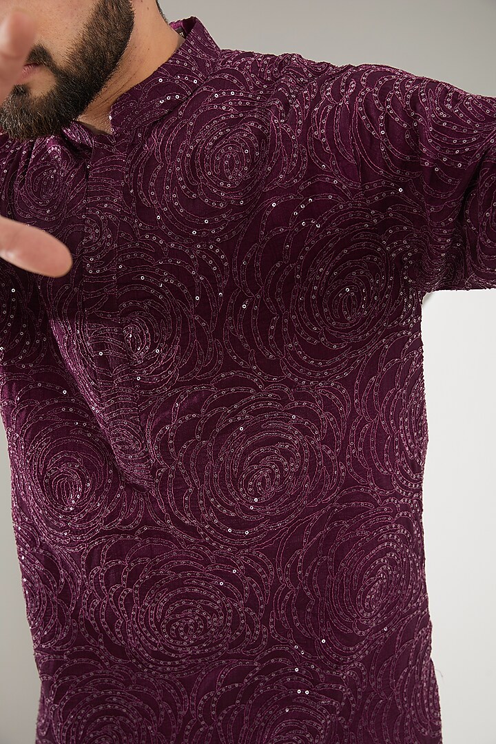 Mud Wine Silk Floral Embroidered Kurta Set by Kasbah Clothing at Pernia's Pop Up Shop