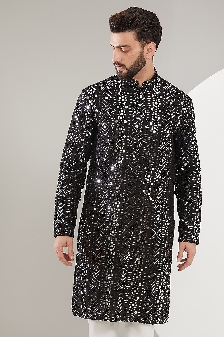Black Silk Mirror Work Kurta Set by Kasbah Clothing at Pernia's Pop Up Shop